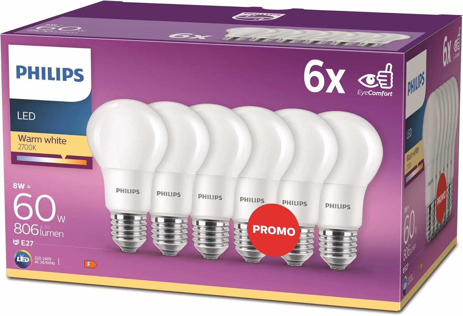 Philips — Bombillas LED E27, 8W equivalente a 60W (pack de 6)